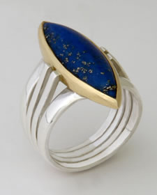  'Pevsner Ring' with marquise cut Lapis-Lazuli stone in silver and 18K yellow gold